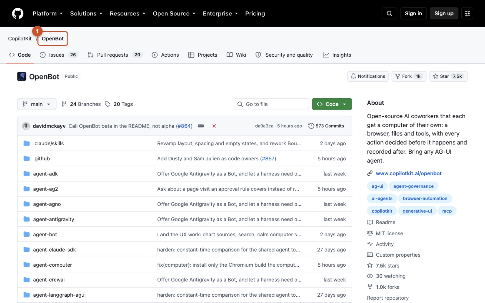 Screenshot of https://github.com/CopilotKit/openbot
