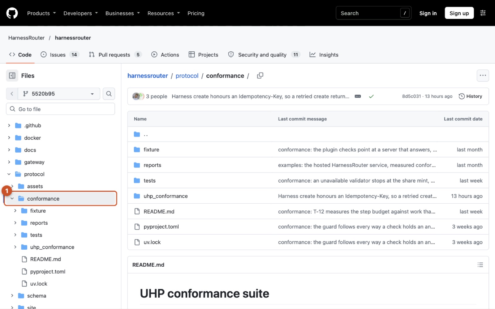 Screenshot of https://github.com/HarnessRouter/harnessrouter/tree/HEAD/protocol/conformance