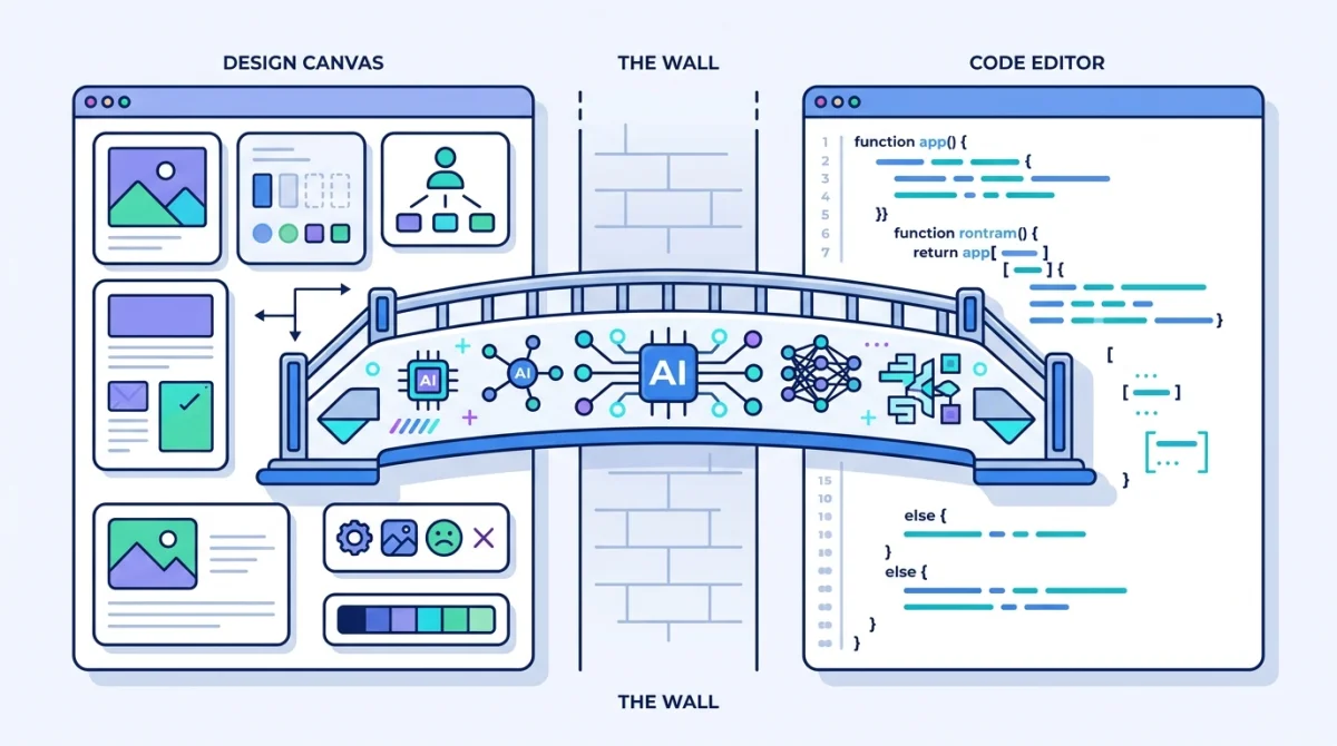 Isometric diagram showing a designer with a Figma canvas separated from a developer with a code editor by a visible wall, with design artifacts falling into the gap
