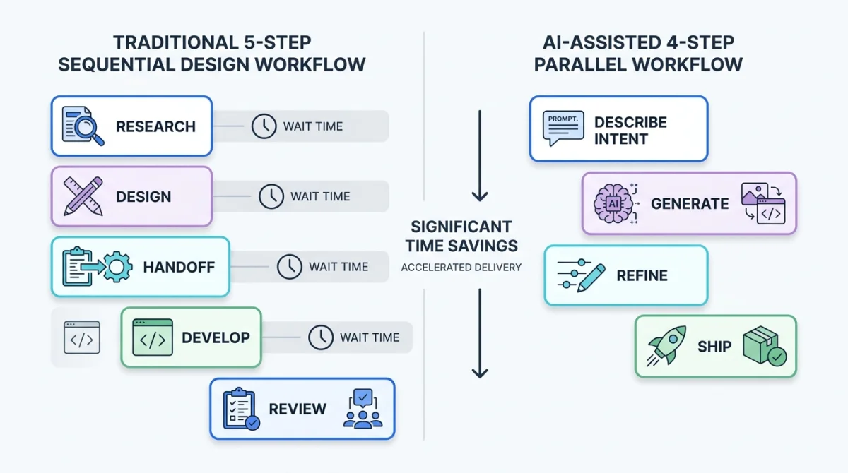 Split comparison diagram showing a traditional five-step sequential design workflow on the left versus a compressed four-step AI-assisted workflow on the right with time savings annotations