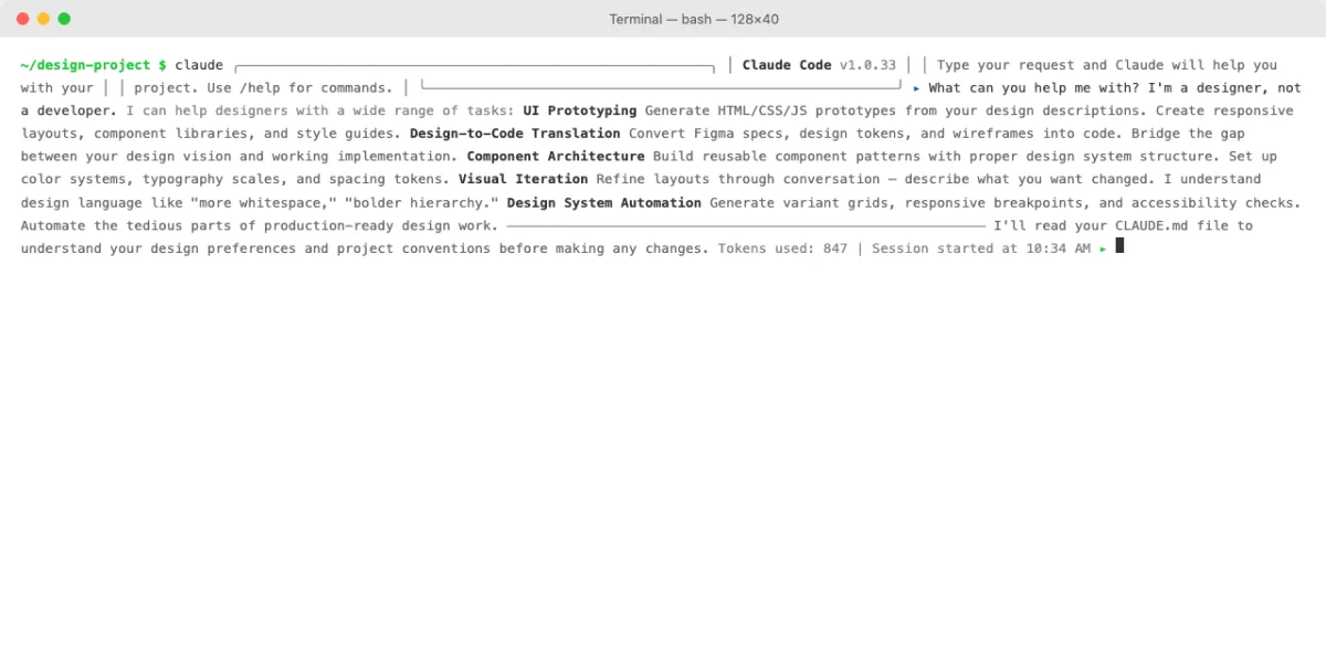 Terminal screenshot showing a Claude Code CLI conversation where a designer asks for help and Claude responds with a description of its capabilities for design work