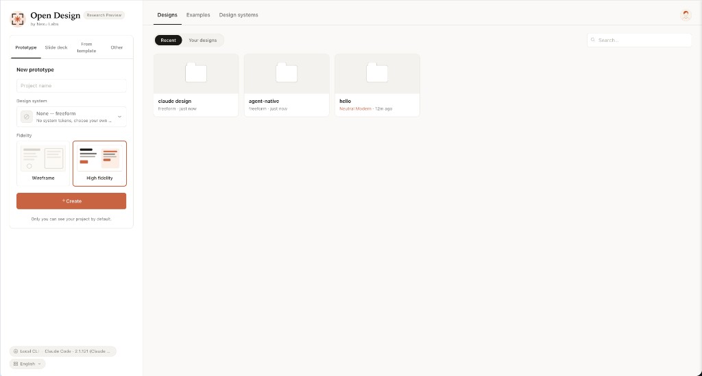 Official Open Design entry view showing the project dashboard and frontend interface at v0.9.0, with the project sidebar on the left and the main canvas area on the right