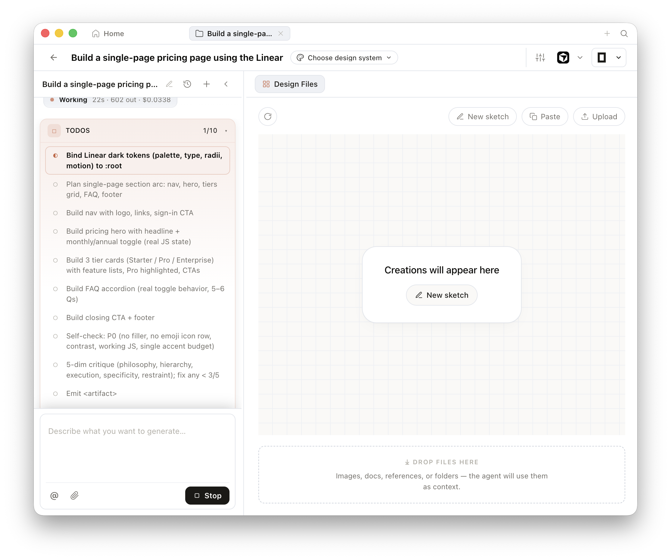 Open Design UI showing a pricing page artifact streaming into the sandboxed preview pane, with partial HTML structure visible mid-generation as tokens arrive over SSE