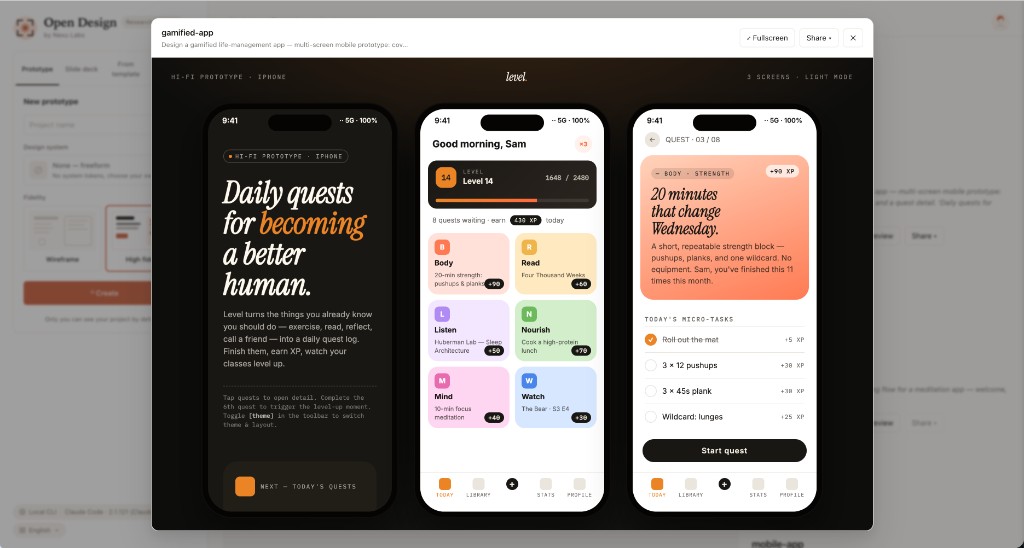 Open Design preview showing a 3-screen mobile onboarding flow framed in an iPhone 15 Pro device frame, with Notion brand typography and spacing applied