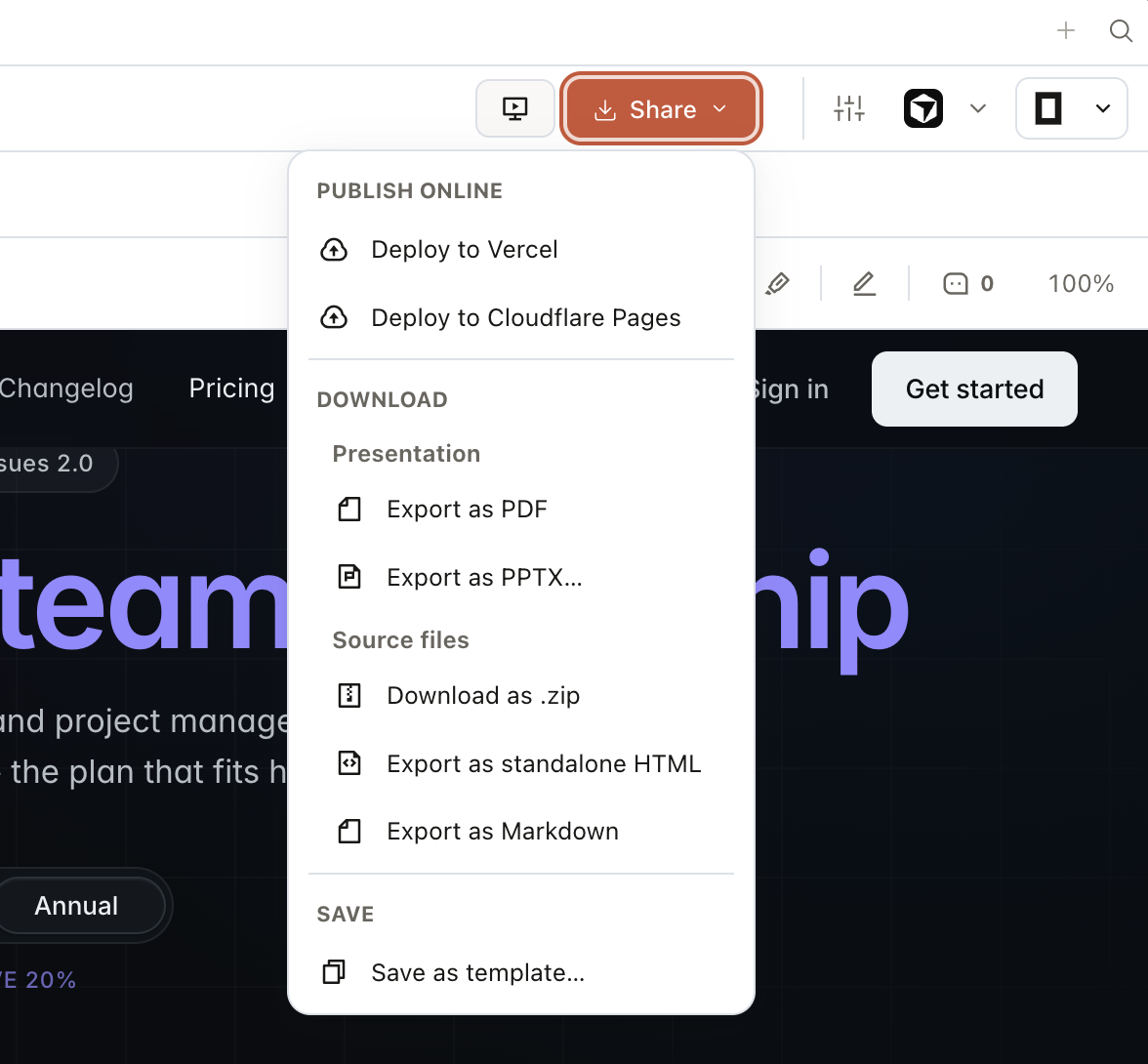 Open Design export dialog showing format options and output path