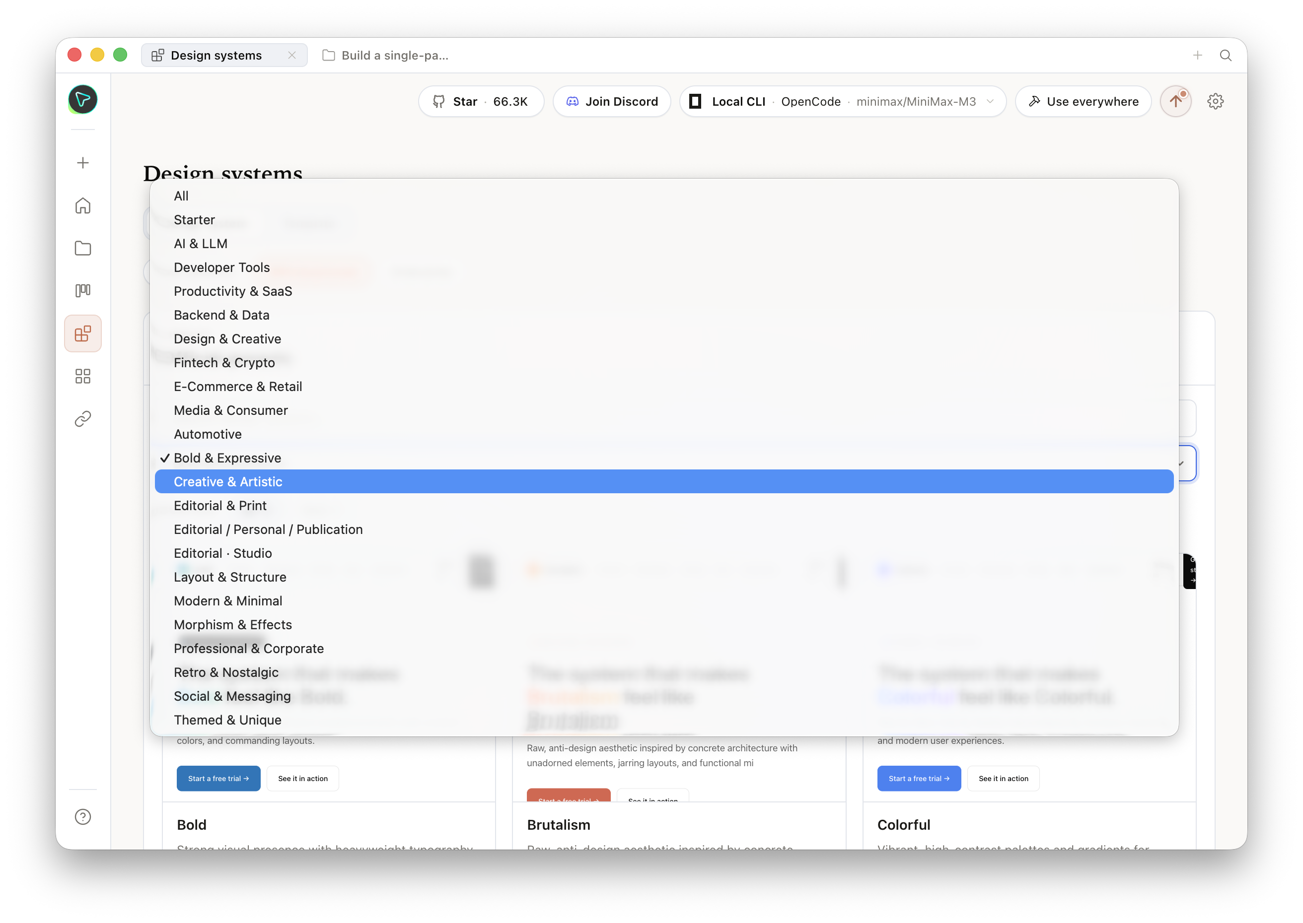 Open Design v0.9.0 Official presets library surface with the category filter dropdown open, listing browse categories and design-style tags such as AI & LLM, Developer Tools, Fintech & Crypto, E-Commerce & Retail, Bold & Expressive, and Creative & Artistic over a blurred grid of preset cards