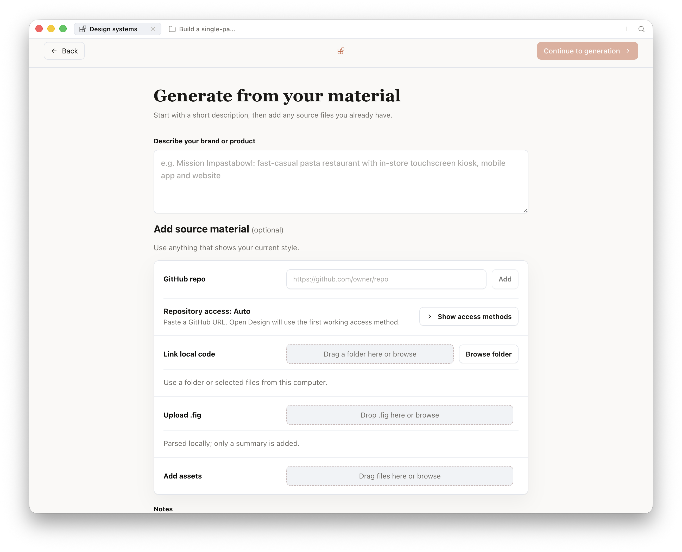 Open Design Generate from your material dialog for creating a new design system, with a brand description field and optional source material inputs for GitHub repo, local code folder, .fig upload, and assets