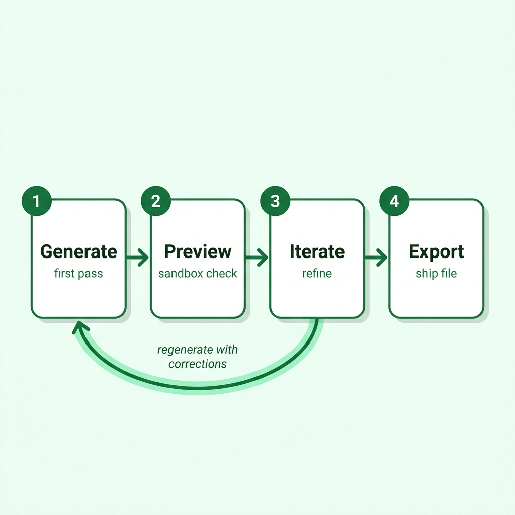 Diagram of the four-beat Open Design workflow loop: Generate, Preview, Iterate, Export, with a single curved feedback arrow looping back from Iterate to Generate.
