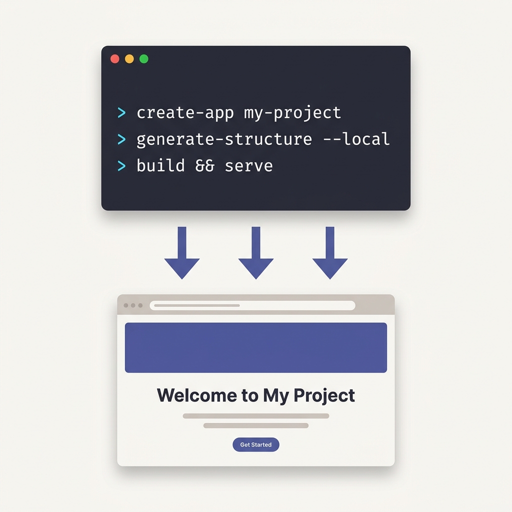 Diagram of the Open Design local-first workflow: a terminal window running od init, od generate, and od preview, with arrows flowing down to a rendered web page thumbnail.