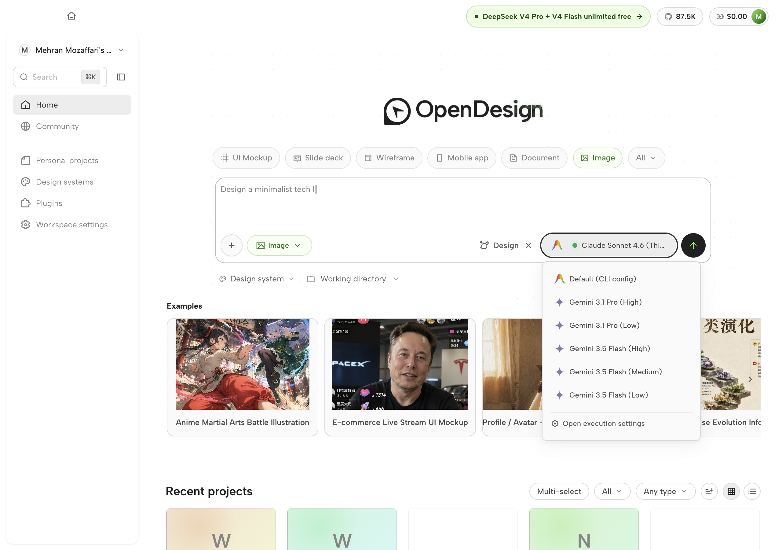 Open Design image model picker showing the three subscription models --- Seedream 5.0 Pro, GPT Image 2.0, and Nano Banana 2.0 --- listed alongside the BYOK provider entries