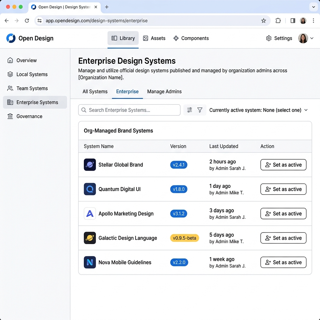 Open Design design systems panel showing the Enterprise tab active, with a list of org-managed brand systems published by an organization admin, each with a system name, version badge, a last-updated timestamp, and a Set as active button