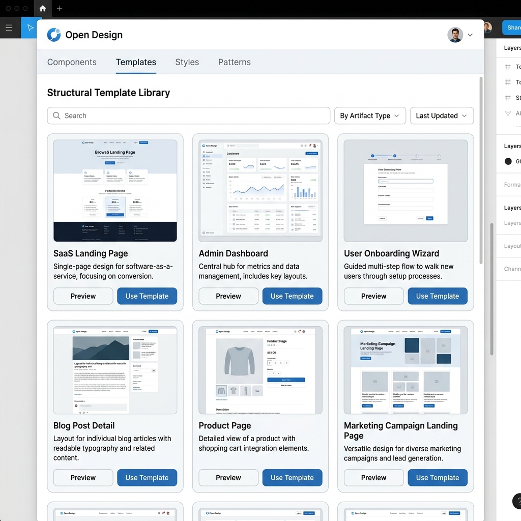Open Design design systems panel showing the Template tab active, with a grid of structural template cards for artifact types including SaaS landing page, dashboard, onboarding wizard, blog post, and others, each with a layout preview thumbnail and a short descriptor