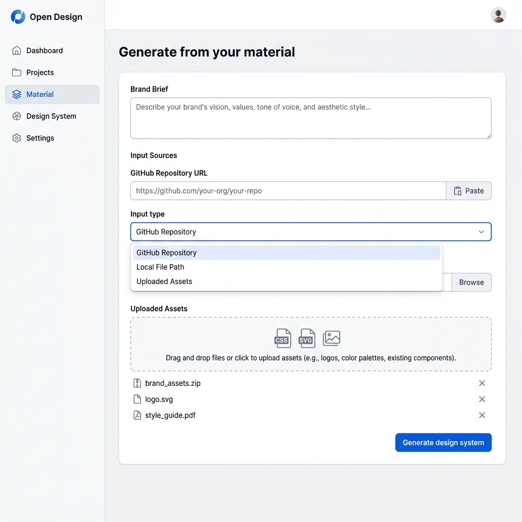 Open Design 'Generate from your material' screen showing a brand brief text field, input selectors for GitHub repository URL, local file path, and uploaded assets, with a Generate design system button at the bottom