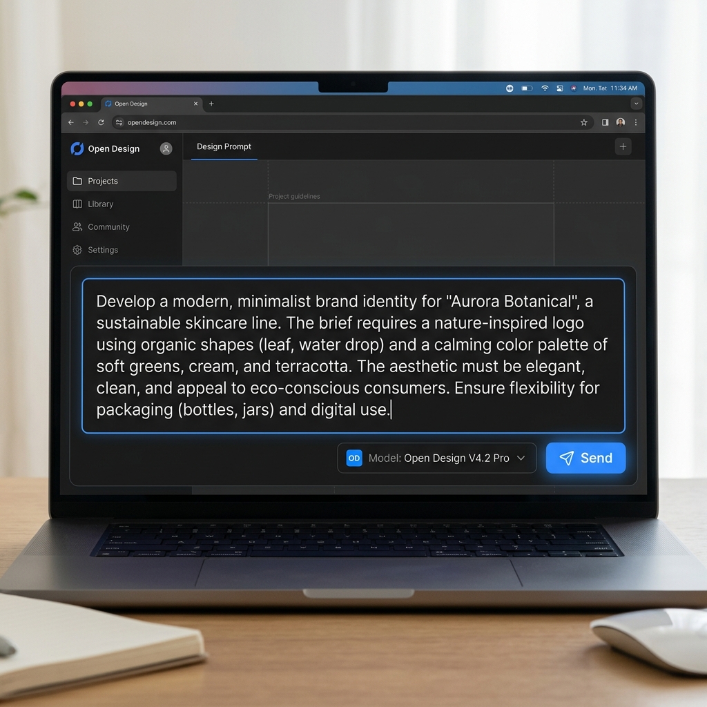Open Design home surface with a prompt typed into the input field reading a design brief; the send button is visible alongside a model indicator showing the currently selected model