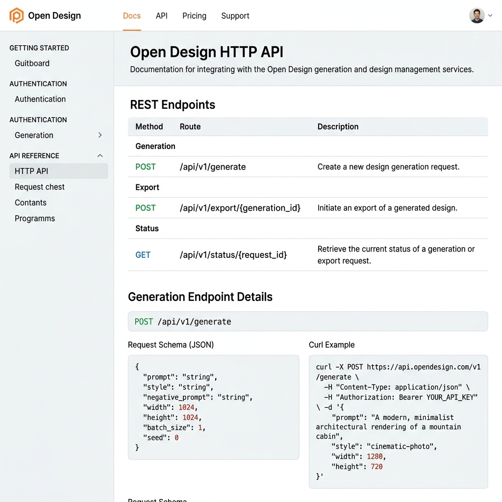 Open Design HTTP API tab showing REST endpoint documentation with POST and GET routes for generation, export, and status, alongside curl example commands and a JSON request schema