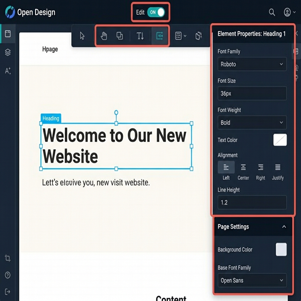 Open Design in-canvas visual editor showing the preview toolbar with an active Edit toggle, a selected heading element on the rendered artifact with a selection outline, and a right-side properties panel displaying typography controls for font family, size, weight, colour, alignment, and line-height, plus page-level controls for background colour and base font