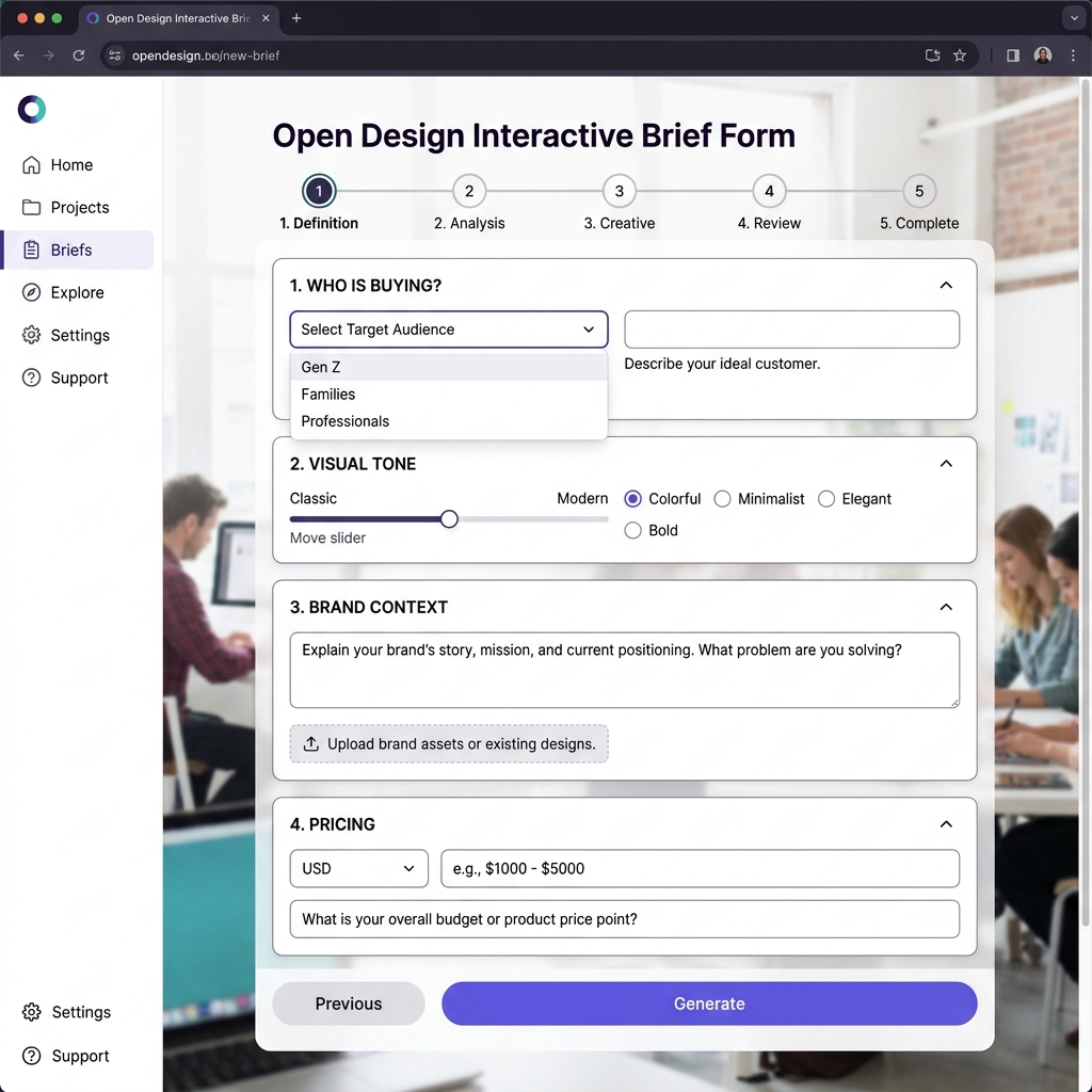 Open Design interactive brief form showing sequential question fields including 'Who is buying?', 'Visual tone', 'Brand context', and 'Pricing', with a progress indicator and a 'Generate' button at the bottom