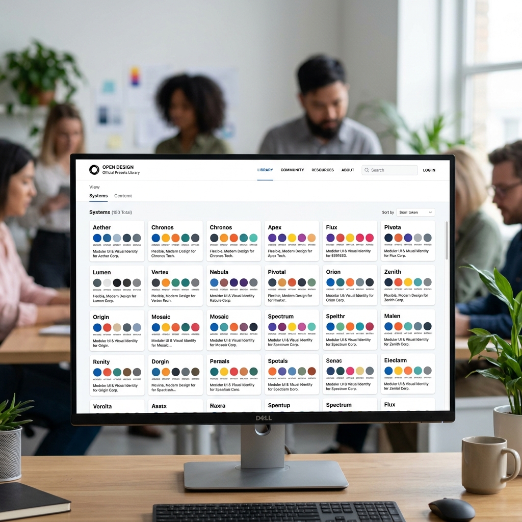 Open Design Official presets library showing a scrollable grid of brand design system cards, each with a system name, a color token swatch, and a short descriptor; 150 systems total
