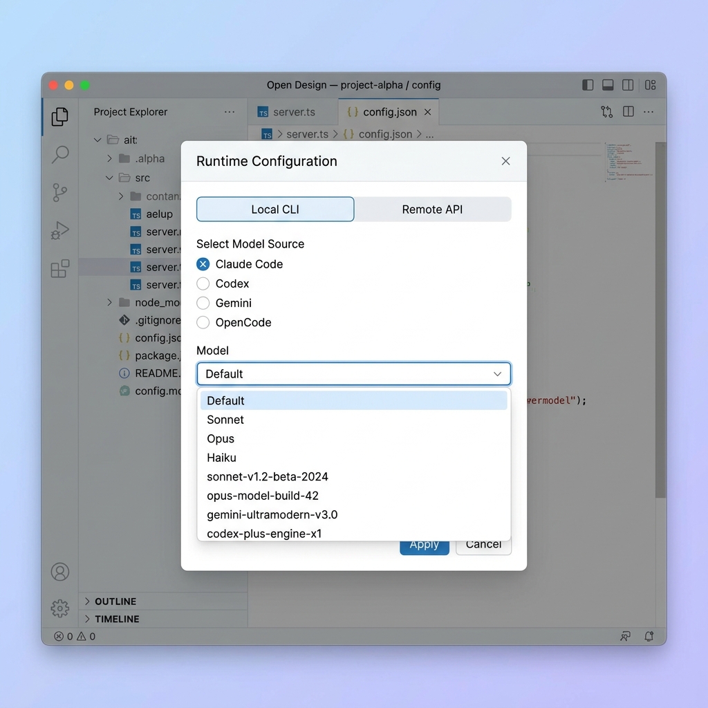 Open Design runtime configuration popover showing a Local CLI tab with radio buttons for Claude Code, Codex, Gemini, and OpenCode, and a Model dropdown below listing Default, Sonnet, Opus, Haiku, and specific version strings