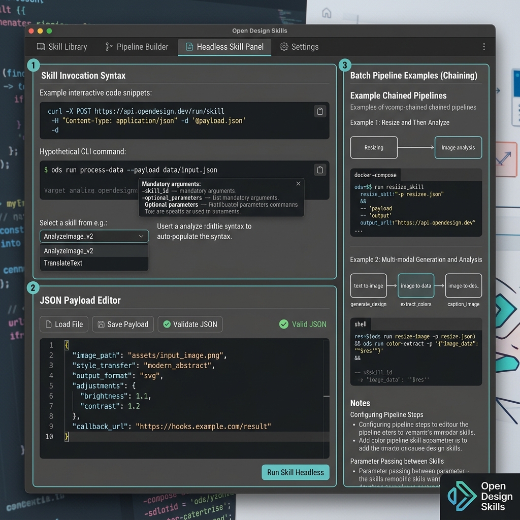 Open Design Skills and headless tab showing a command panel with skill invocation syntax, a JSON payload editor, and example batch pipeline commands for chaining multiple skill runs