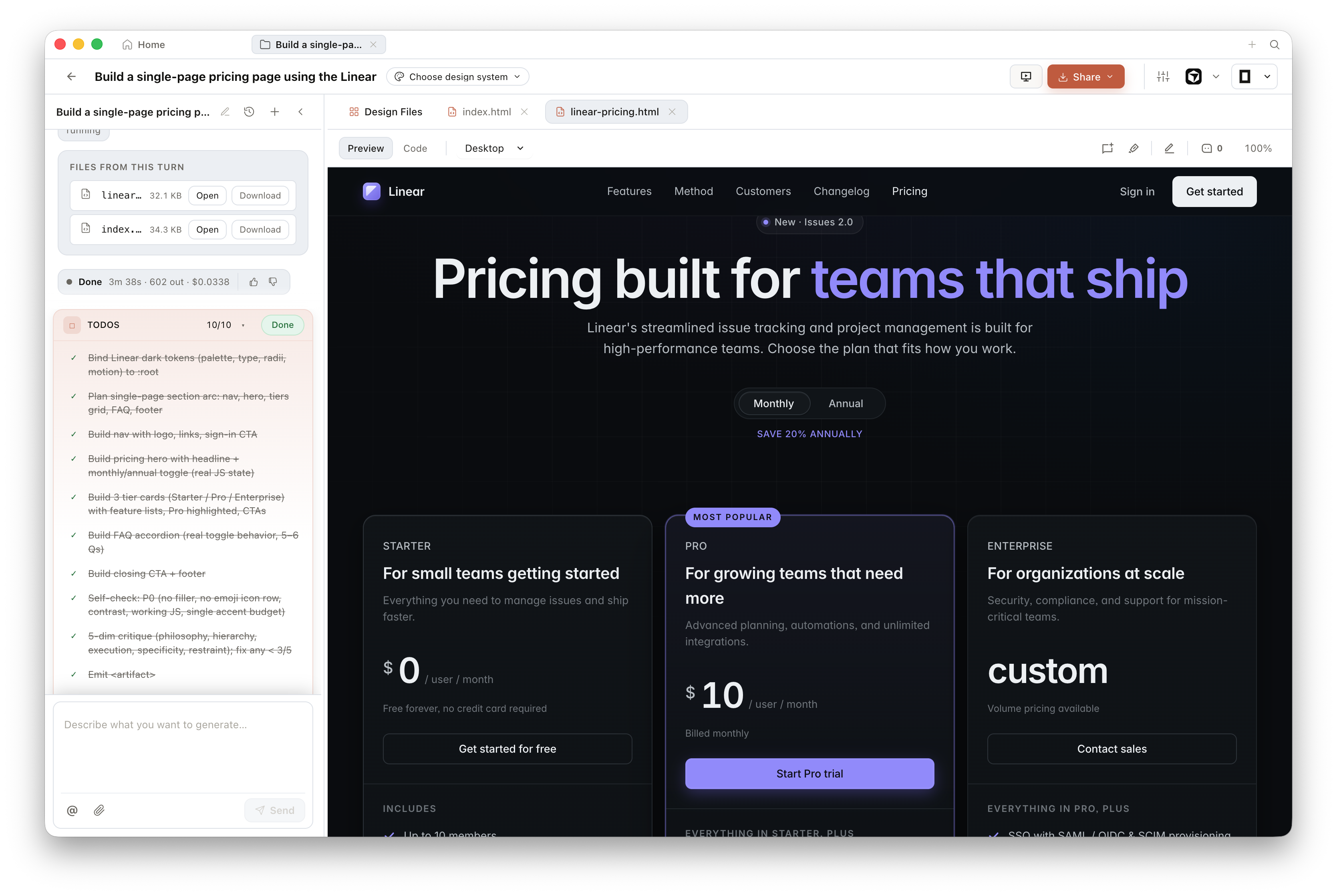Open Design v0.9.0 artifact in the in-app preview pane showing the agent run summary on the left and the rendered artifact on the right, with Preview, Code, and Desktop toggle tabs visible at the top of the preview panel