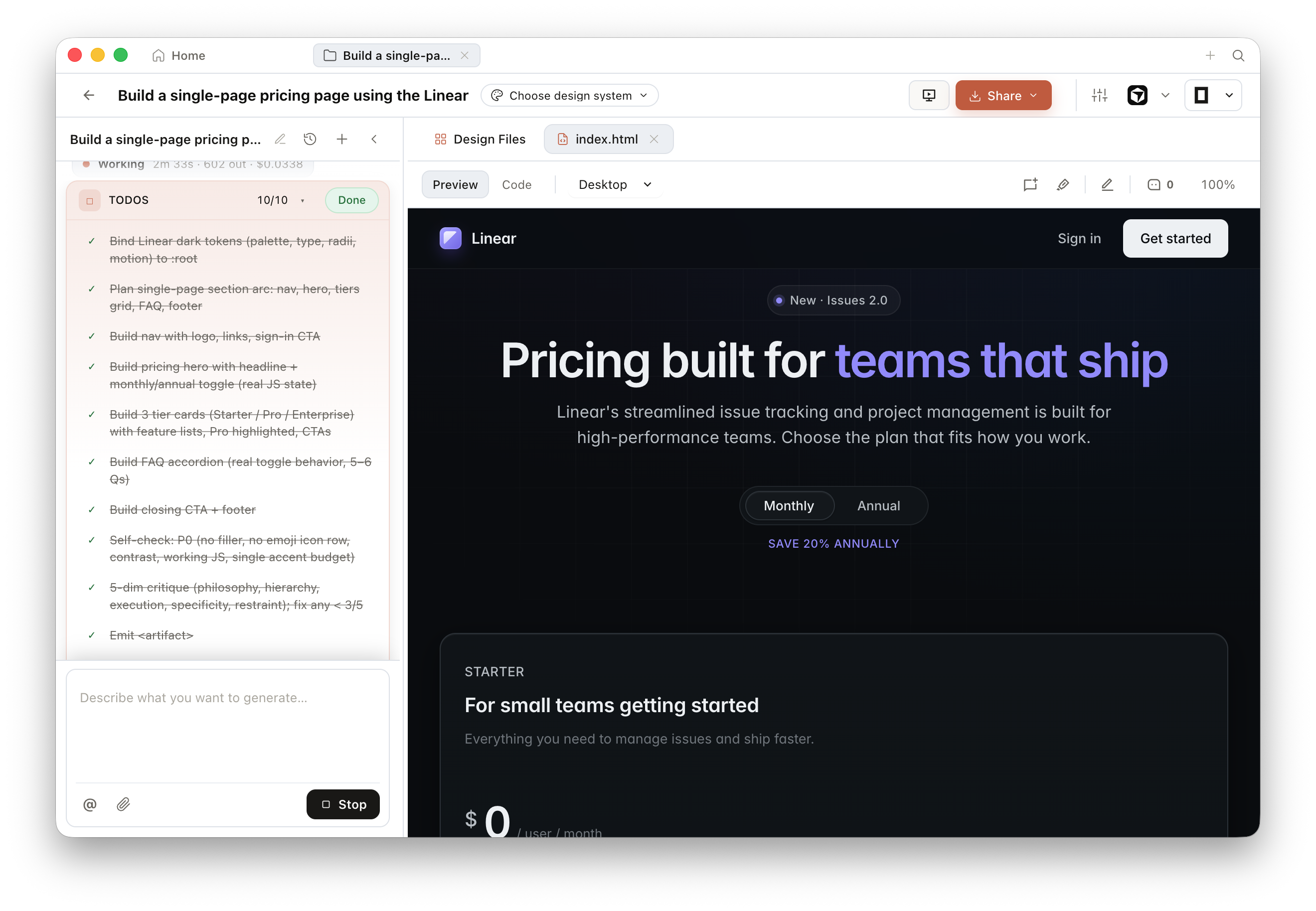 Open Design v0.9.0 showing a generated Northwind SaaS landing page artifact — hero section, features grid, and call-to-action — fully rendered in the sandboxed preview pane after the agent completed generation from a prompt and brand brief