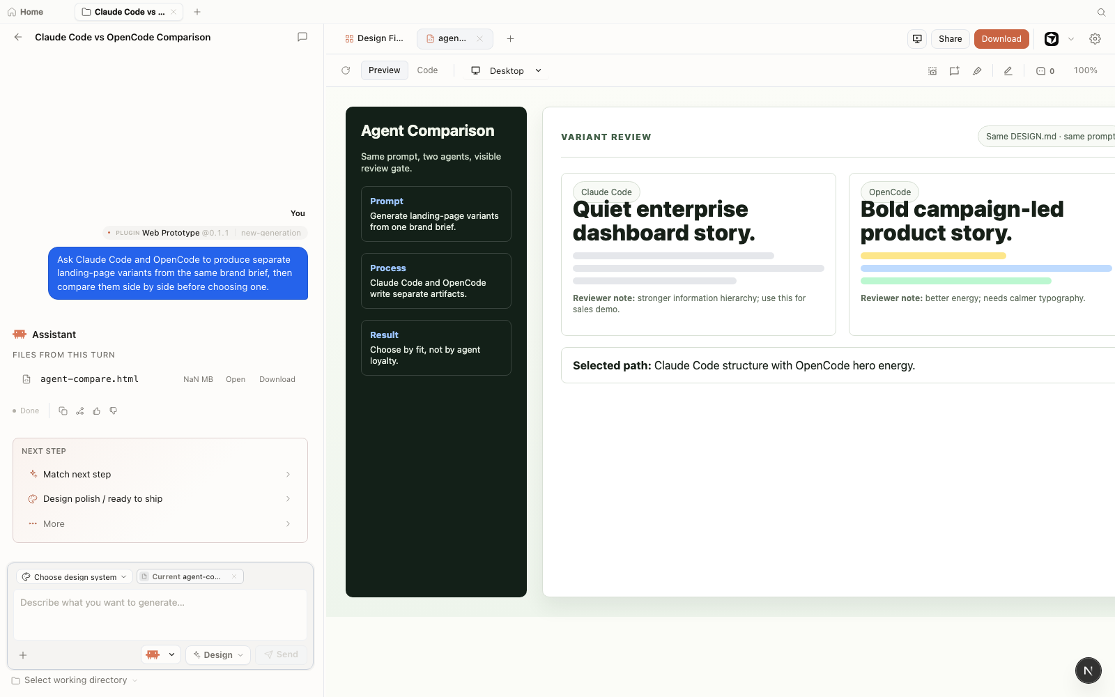 Open Design workspace showing a fictional Claude Code versus OpenCode landing-page variant comparison from the same brand brief