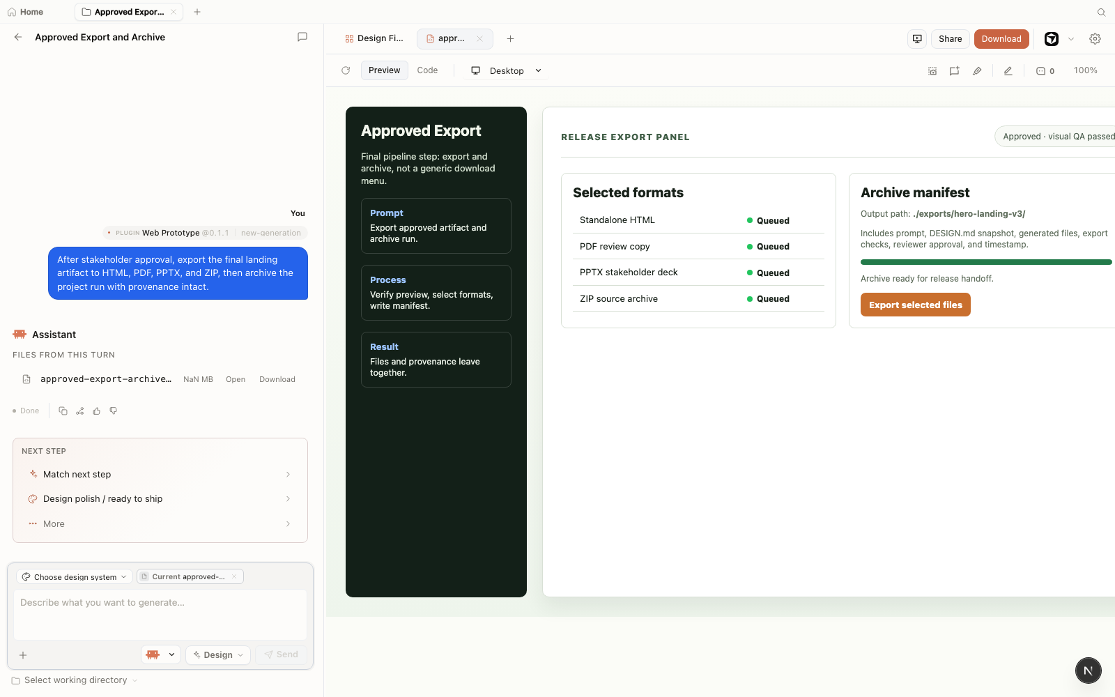 Open Design workspace showing a fictional approved artifact export panel with selected formats and archive manifest