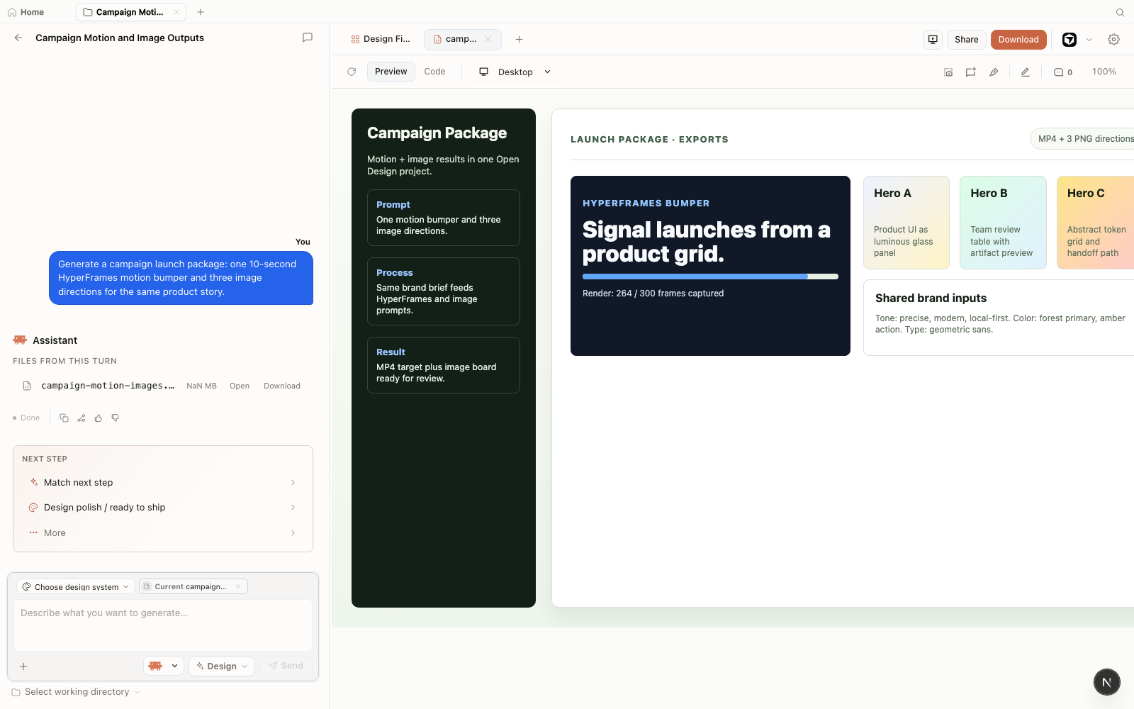 Open Design workspace showing a fictional campaign package with HyperFrames MP4 progress and three generated image directions