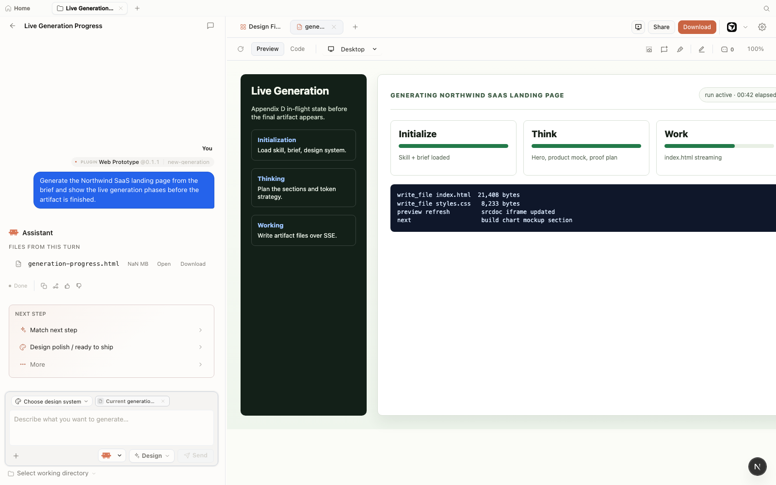 Open Design workspace showing a fictional Northwind SaaS landing page generation in progress with initialization, thinking, and working phases