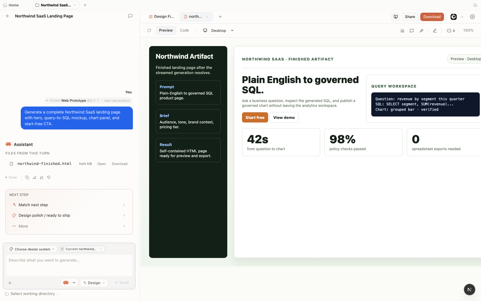 Open Design workspace showing a fictional finished Northwind SaaS landing page artifact with prompt, generated file, process trace, and preview