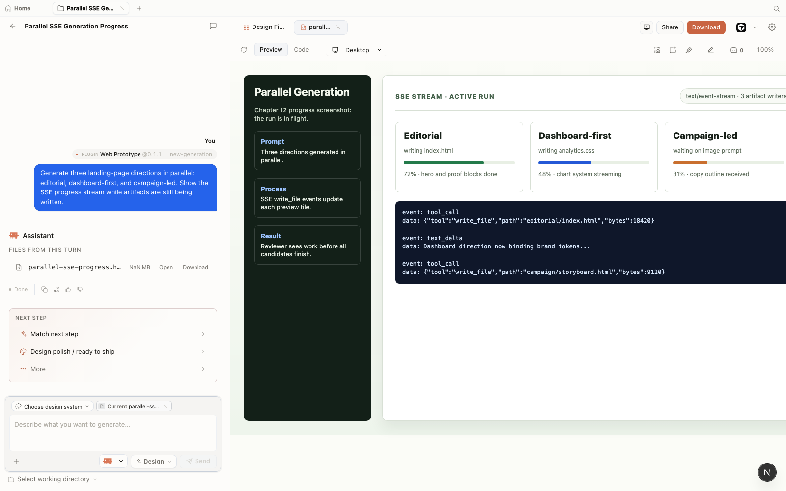 Open Design workspace showing a fictional parallel generation run with three artifact writers and SSE progress events