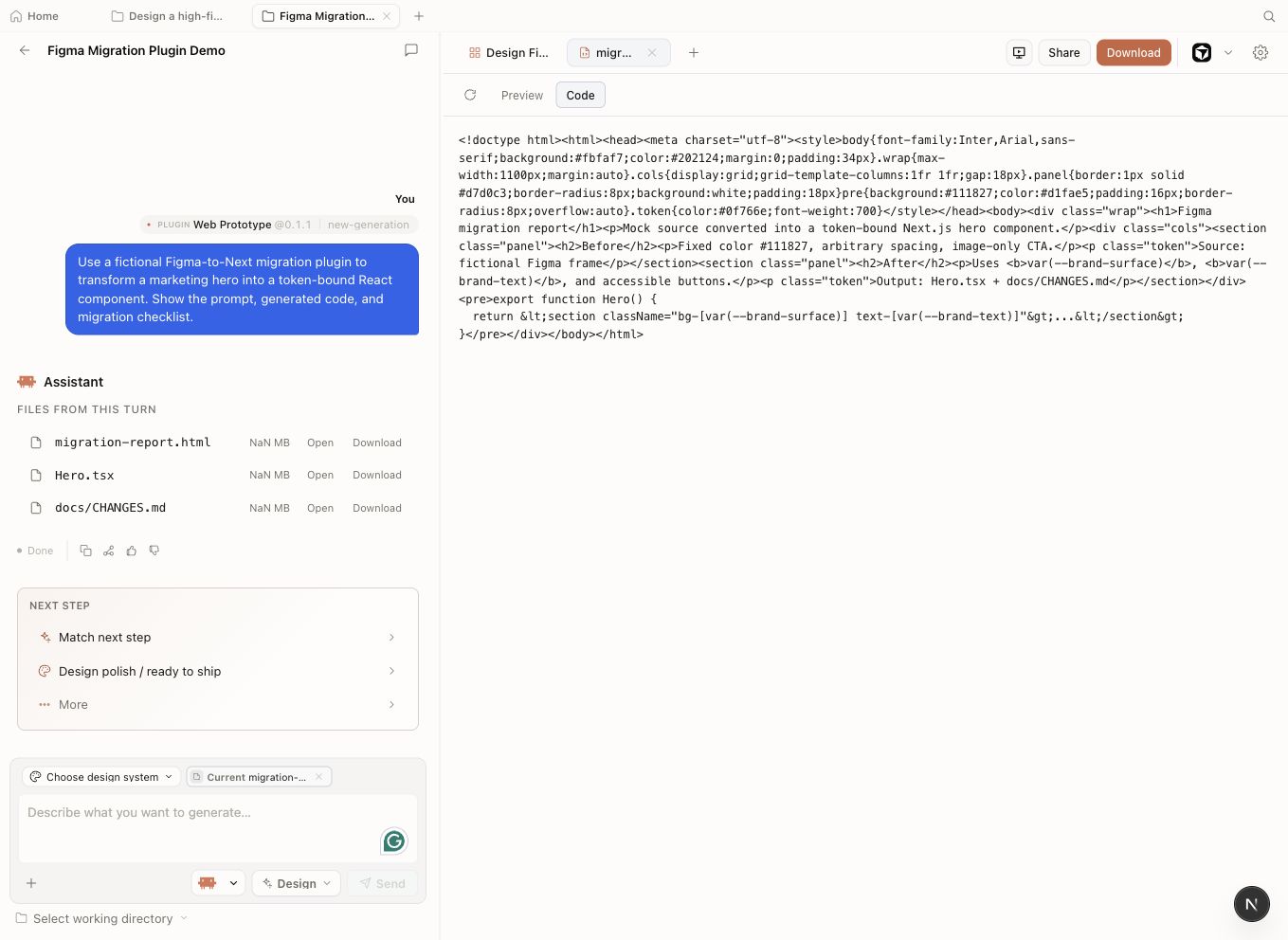 Open Design Code view showing generated source for a fictional plugin migration report