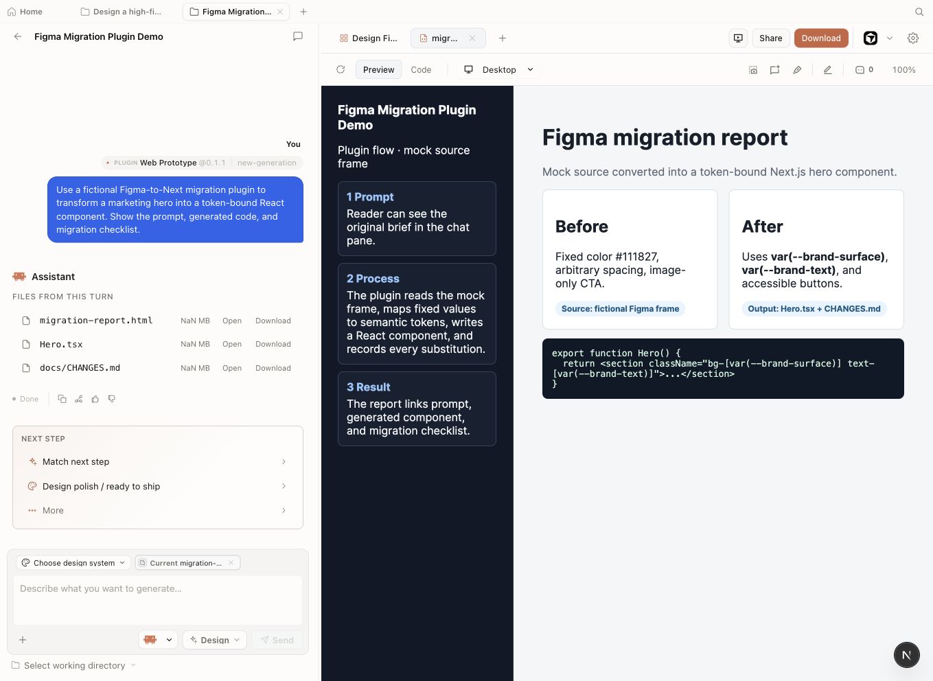 Open Design workspace showing fictional plugin migration prompt, generated files, process trace, and report preview