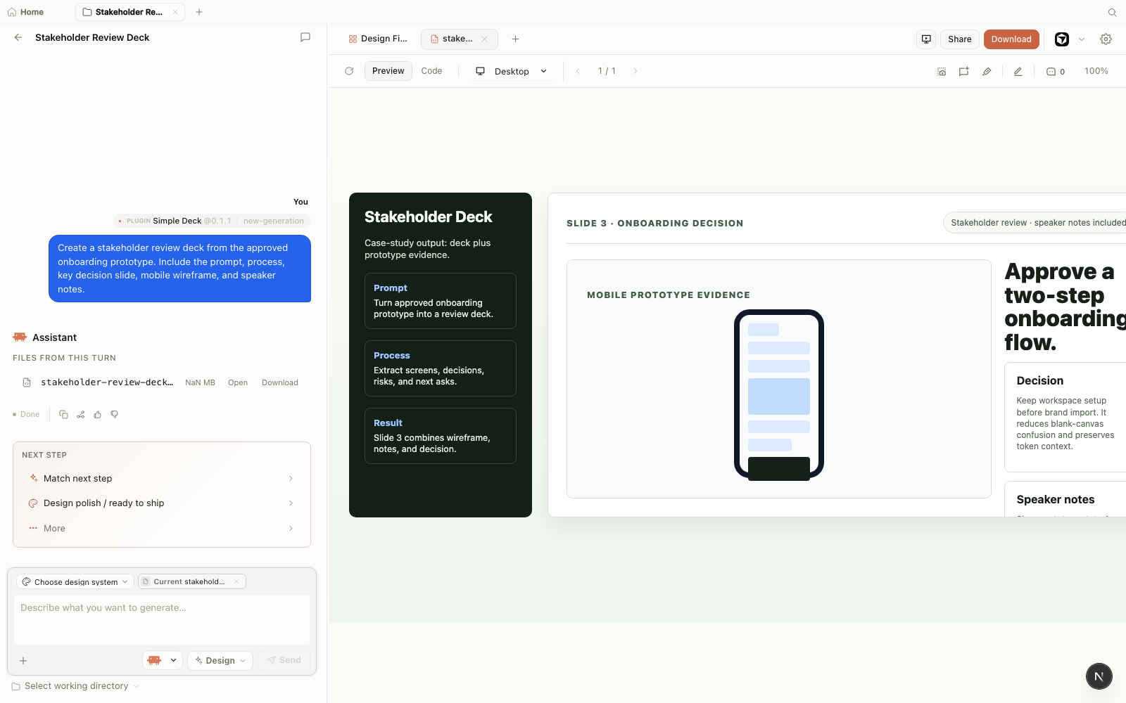 Open Design workspace showing a fictional stakeholder review deck with prompt, generated file, process trace, mobile wireframe, decision, and speaker notes