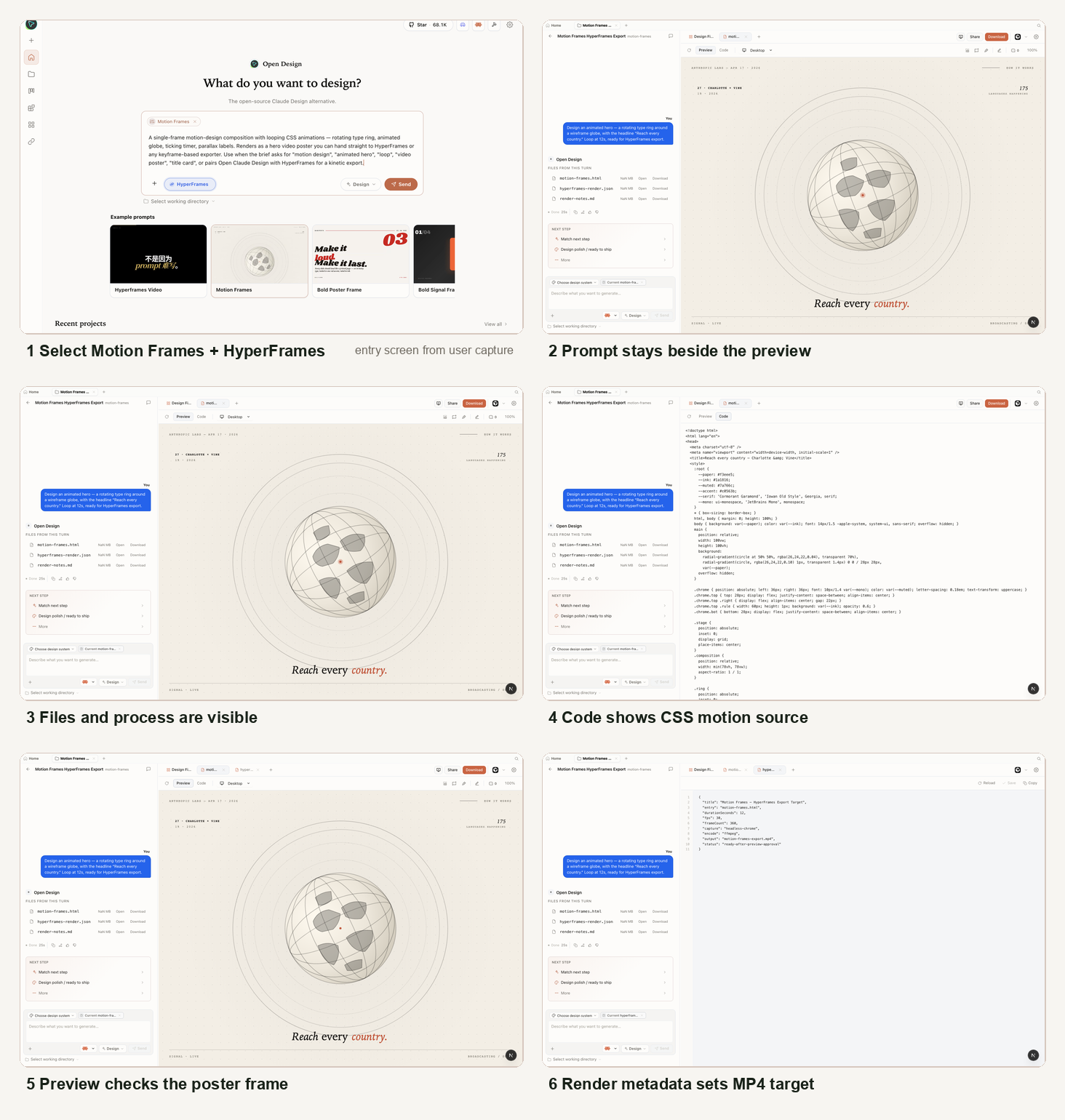 Open Design Motion Frames workflow showing HyperFrames selection, prompt, generated motion HTML, preview, code view, and render metadata