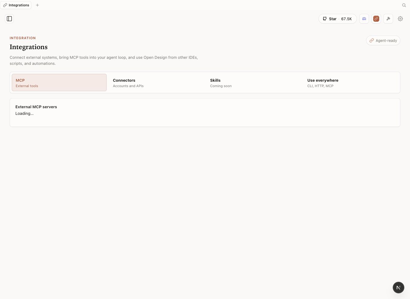 Open Design Integrations page with the MCP tab active, showing external MCP server controls and forwarding status