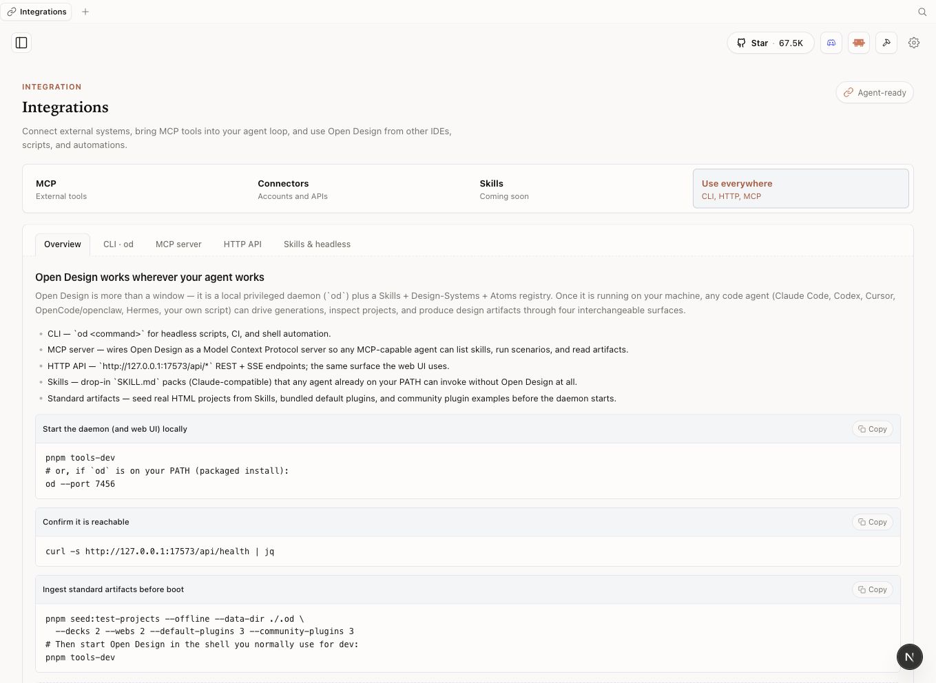 Open Design Integrations page with the Use Everywhere tab active, showing CLI, MCP, HTTP, and skills/headless connection paths