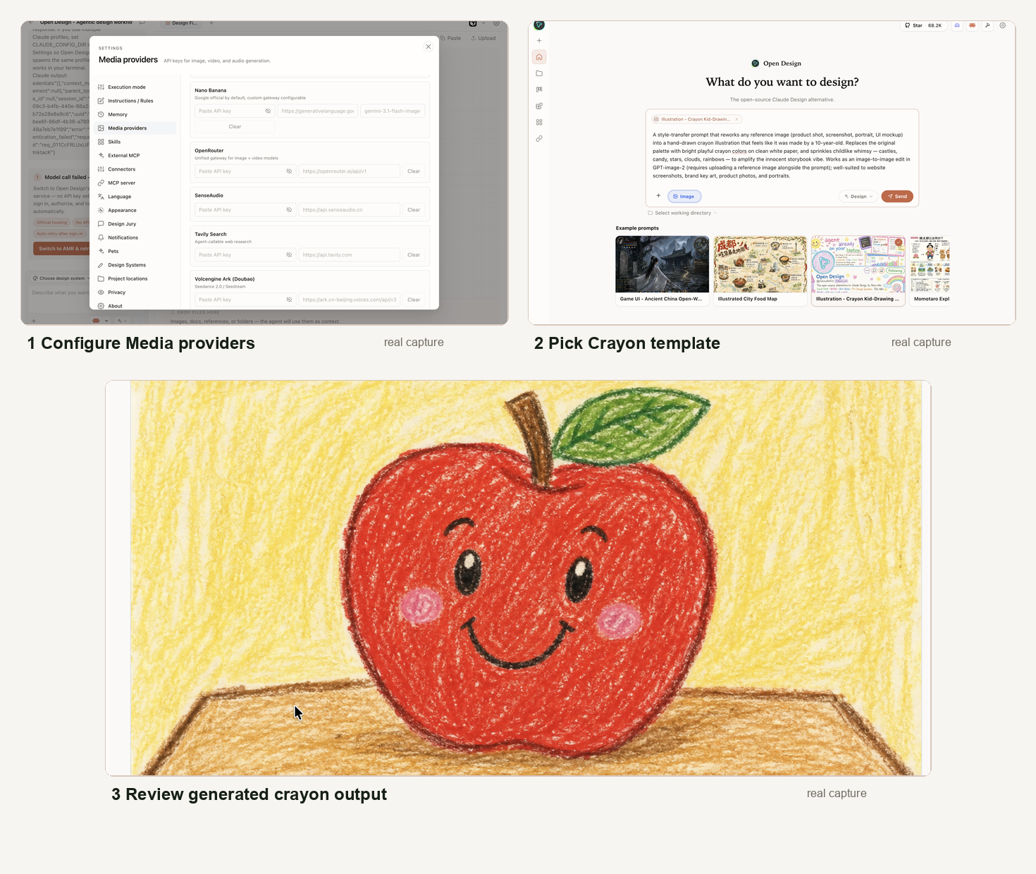 Open Design real crayon image template workflow showing Media providers, Crayon Kid-Drawing template selection, and generated crayon output