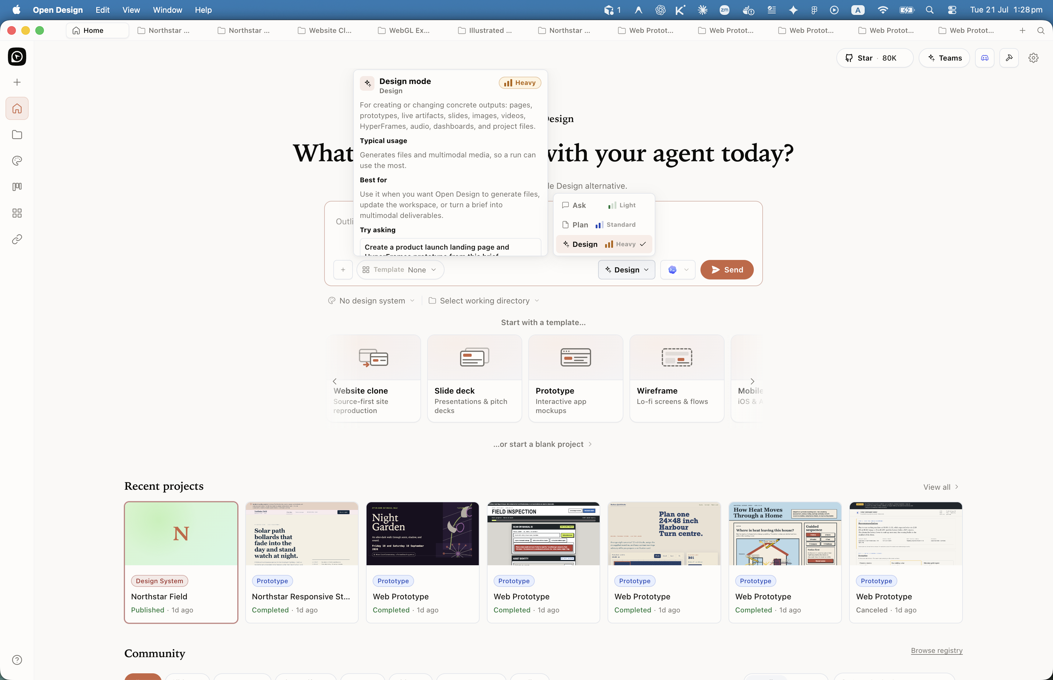 Open Design Ask Plan Design mode dropdown with Light Standard Heavy badges and Design mode teaching card