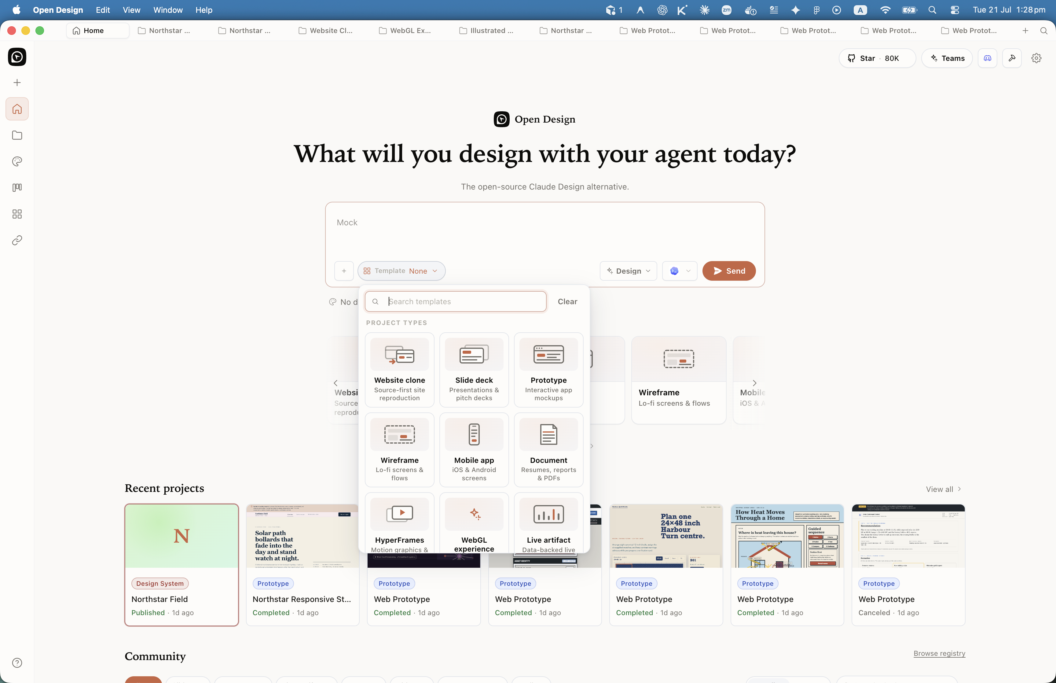 Open Design template picker popover listing project types including Website clone, Slide deck, Prototype, Wireframe, Mobile app, Document, HyperFrames, WebGL, and Live artifact