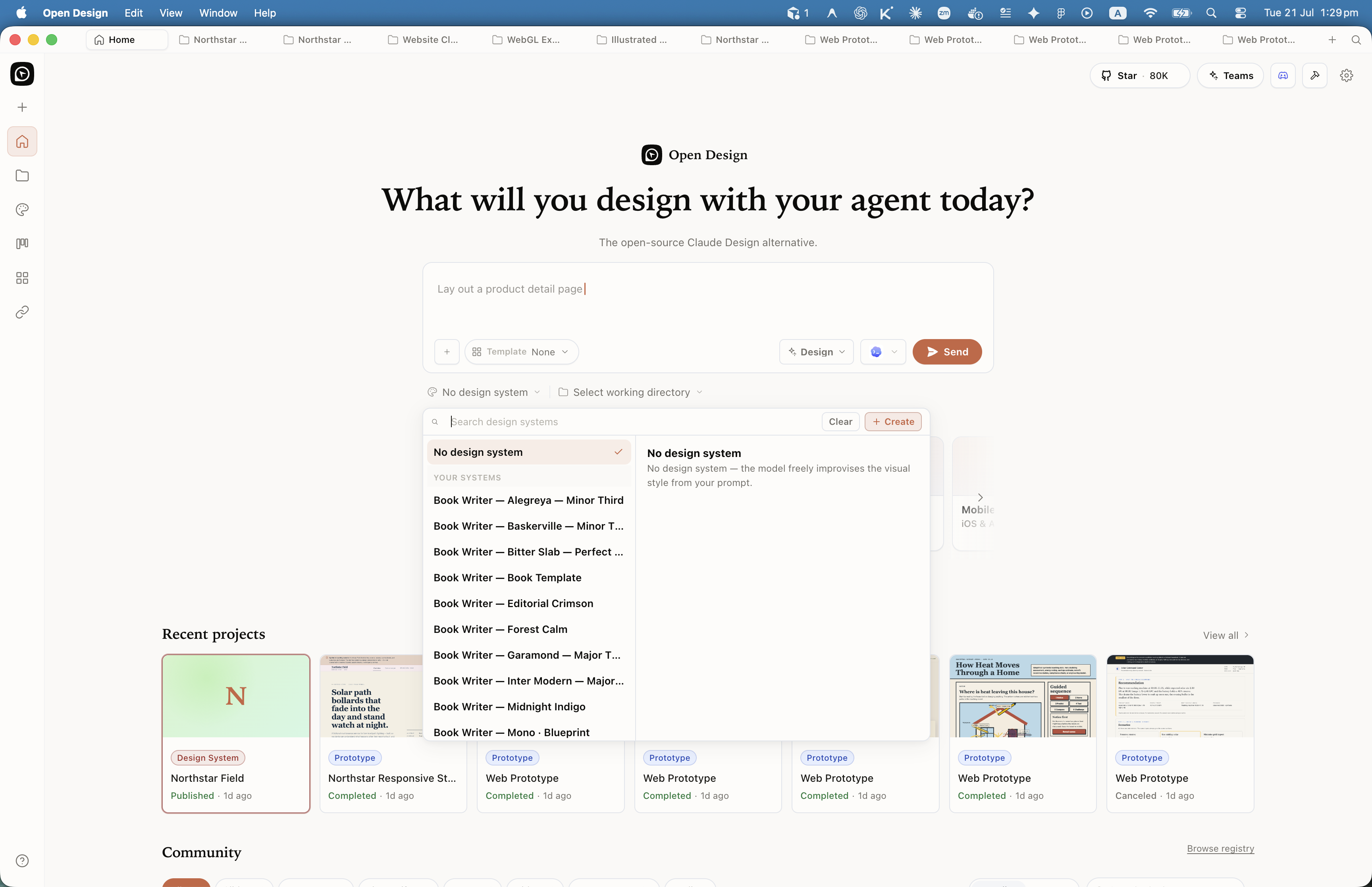 Open Design design system picker on the home composer listing bundled brand systems
