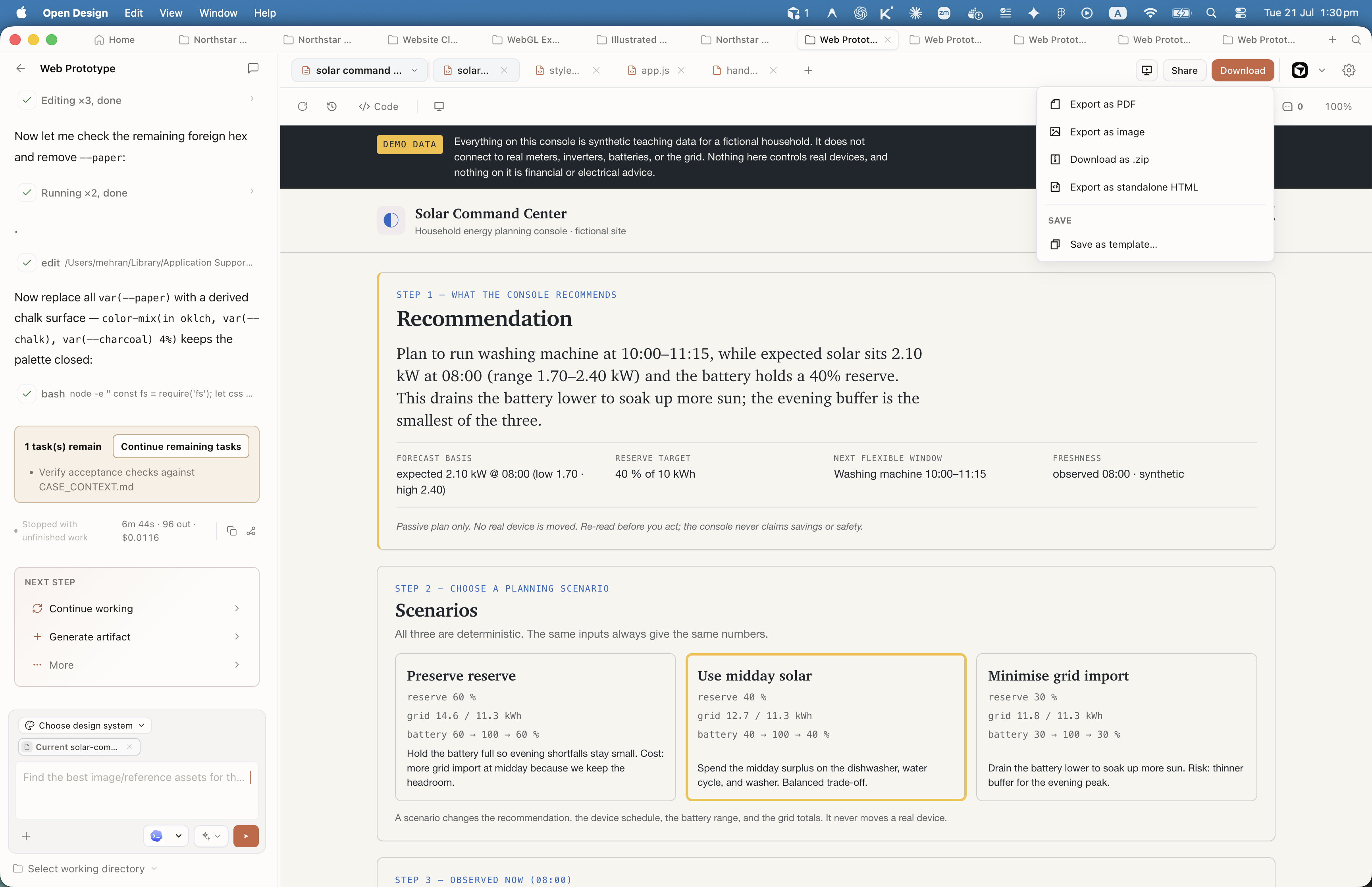 Open Design Download menu showing Export as PDF, Export as image, Download as zip, Export as standalone HTML, and Save as template