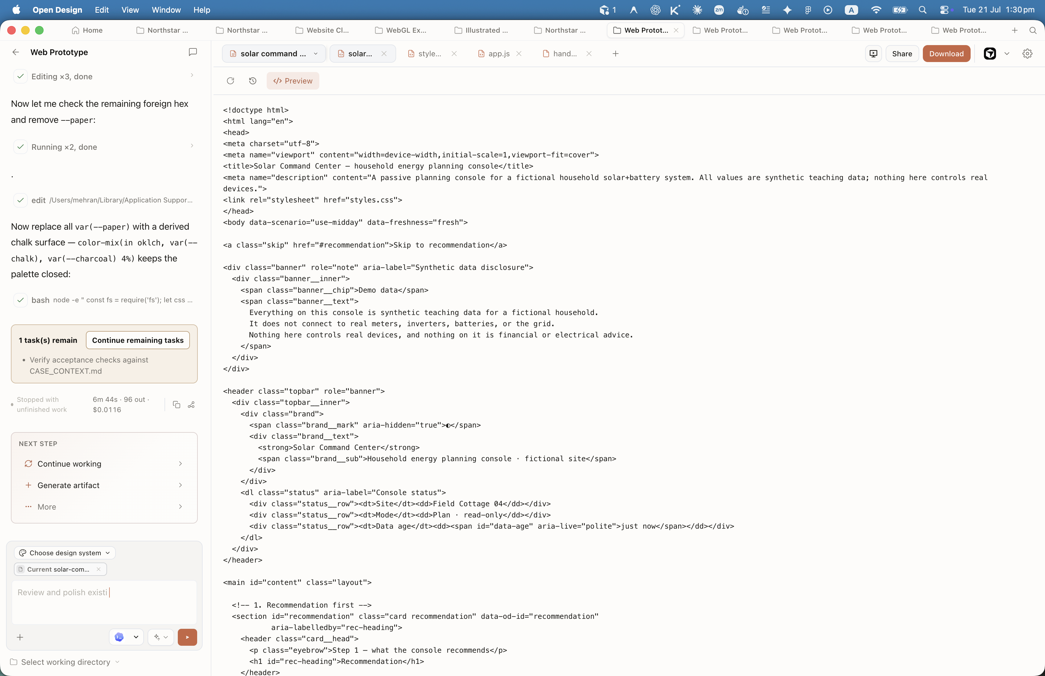 Open Design Code view showing generated HTML source with DESIGN TOKENS block in root CSS custom properties