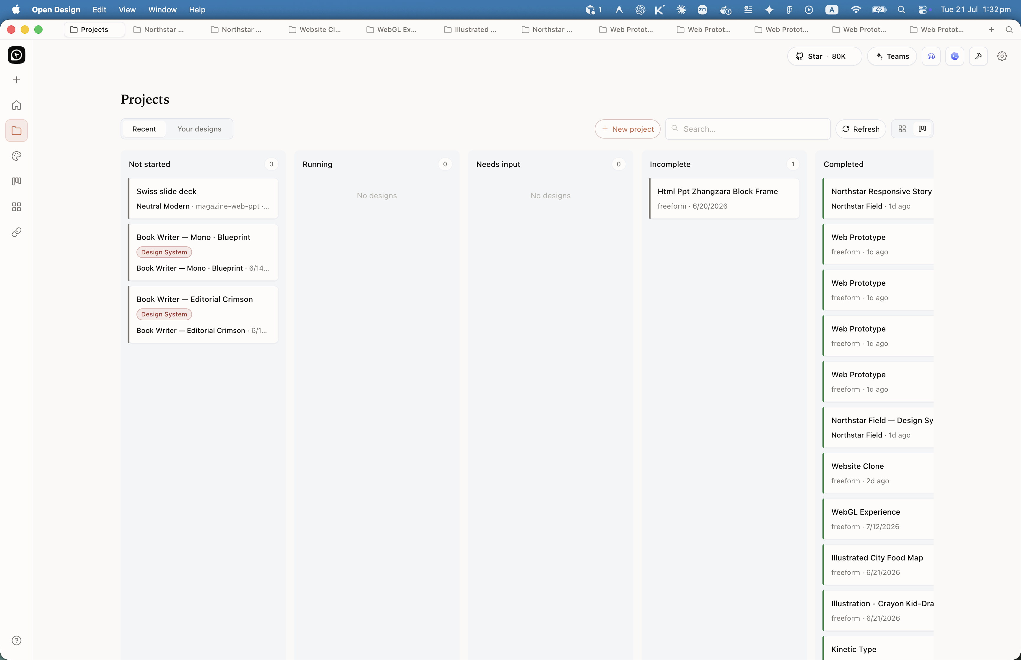 Open Design Projects kanban board with columns Not started, Running, Needs input, Incomplete, and Completed