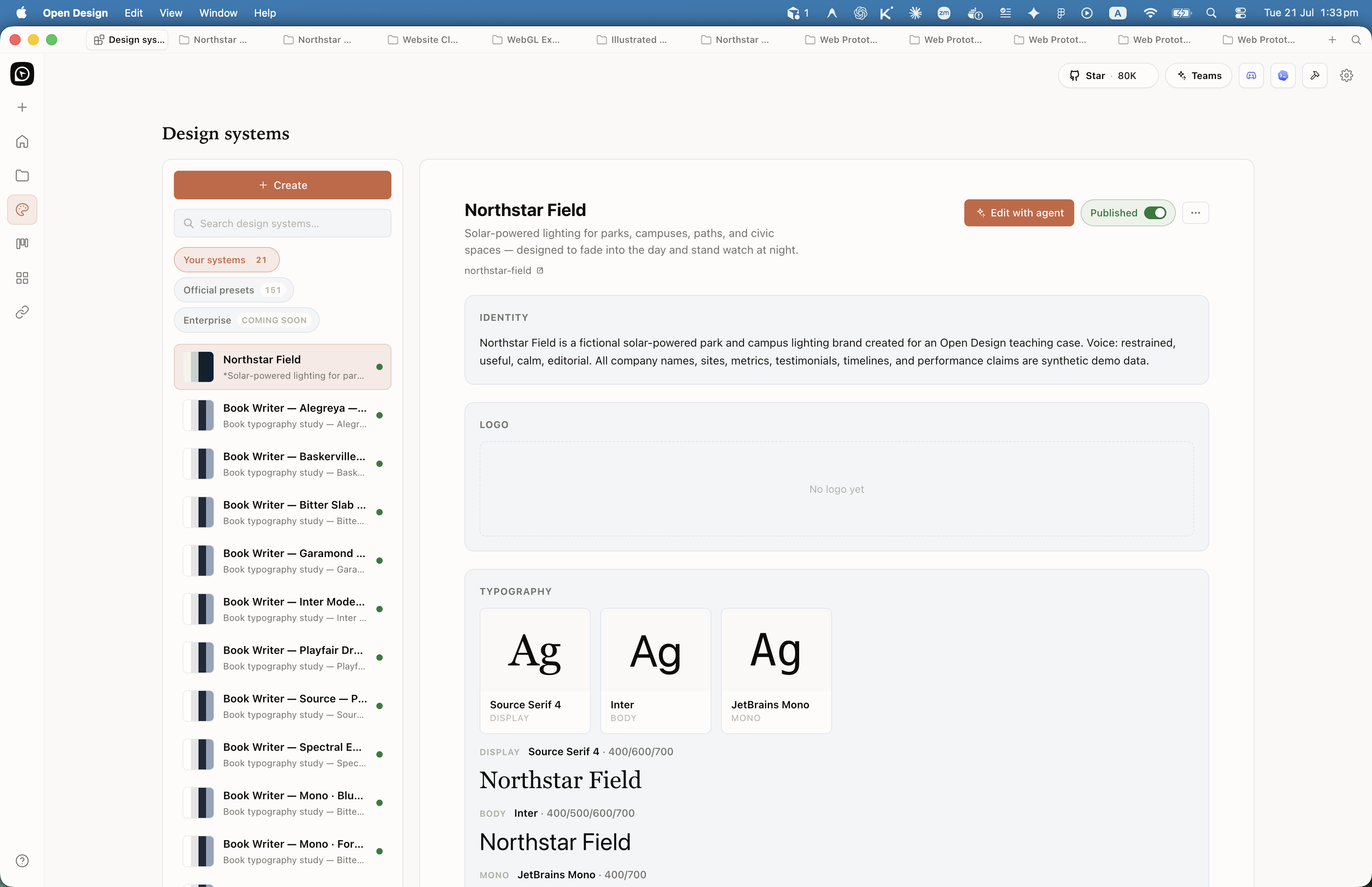 Open Design Design systems sidebar with Your systems, Official presets, and Enterprise tabs