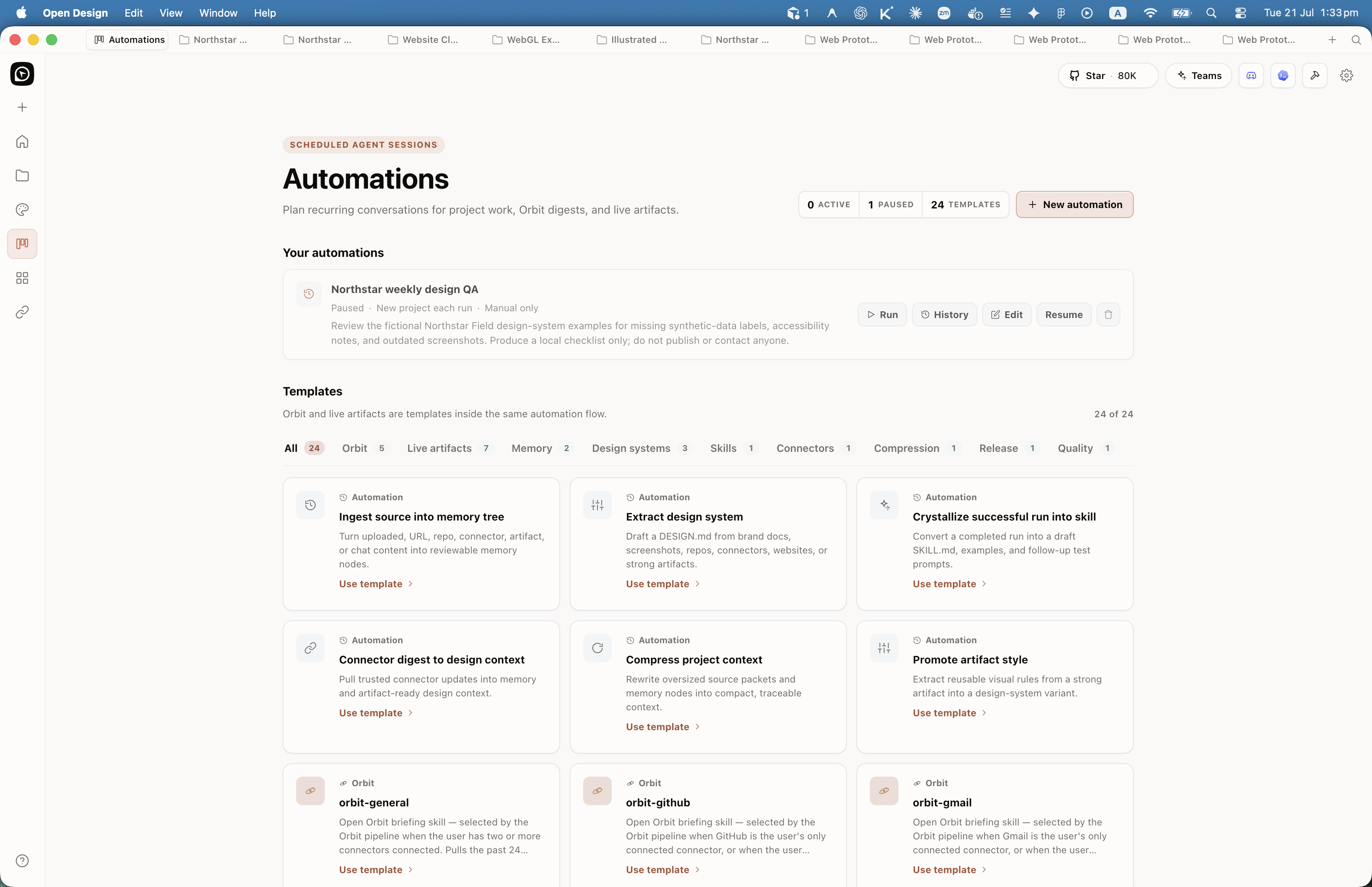 Open Design Automations surface showing Scheduled agent sessions with status chips and a template gallery of recurring recipes