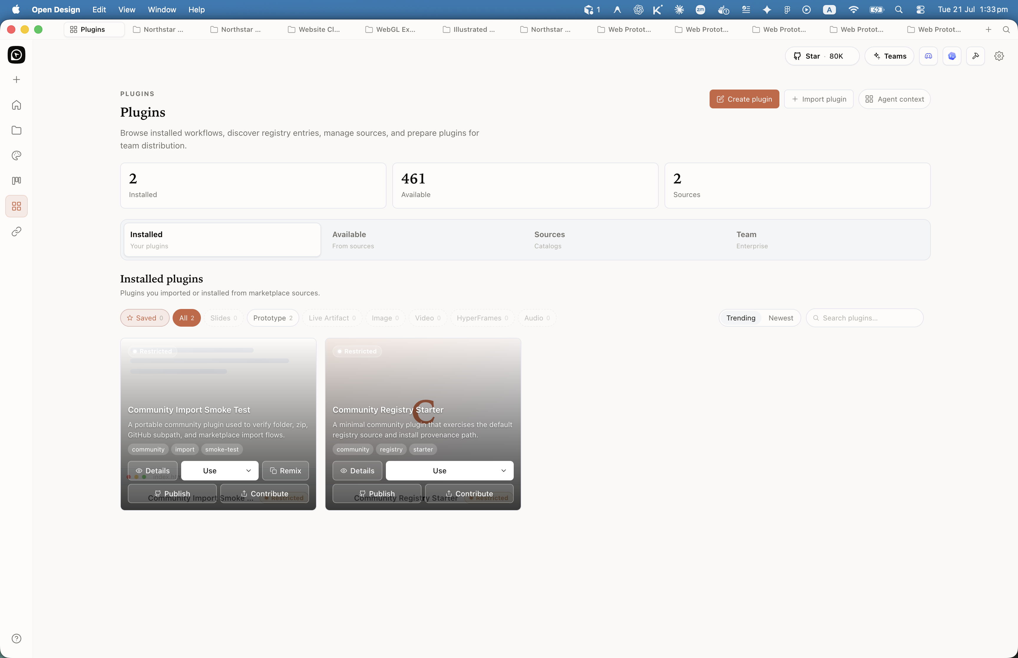 Open Design Plugins sidebar with Available tab and marketplace plugin cards