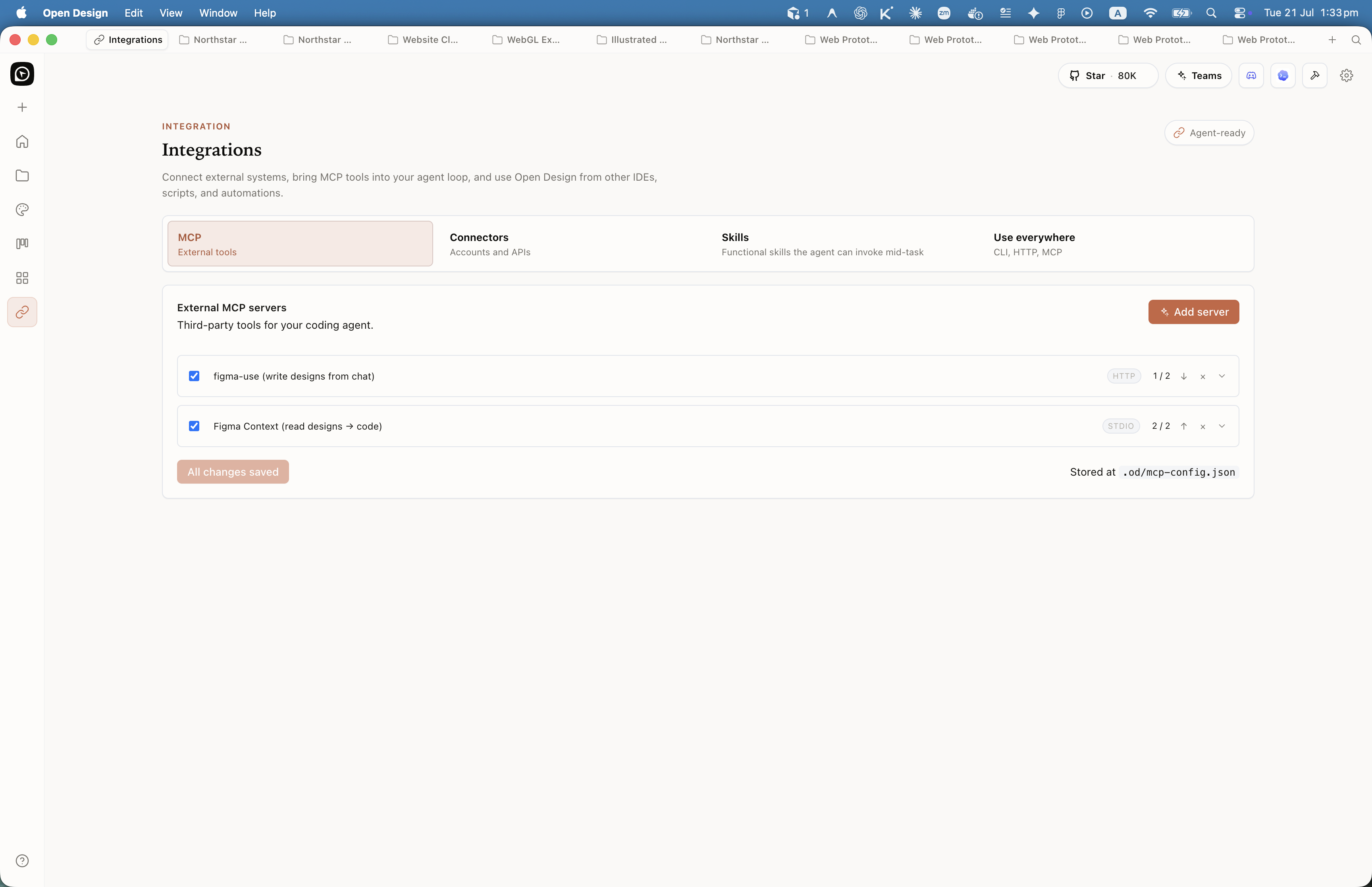 Open Design sidebar showing Connectors in the integrations rail