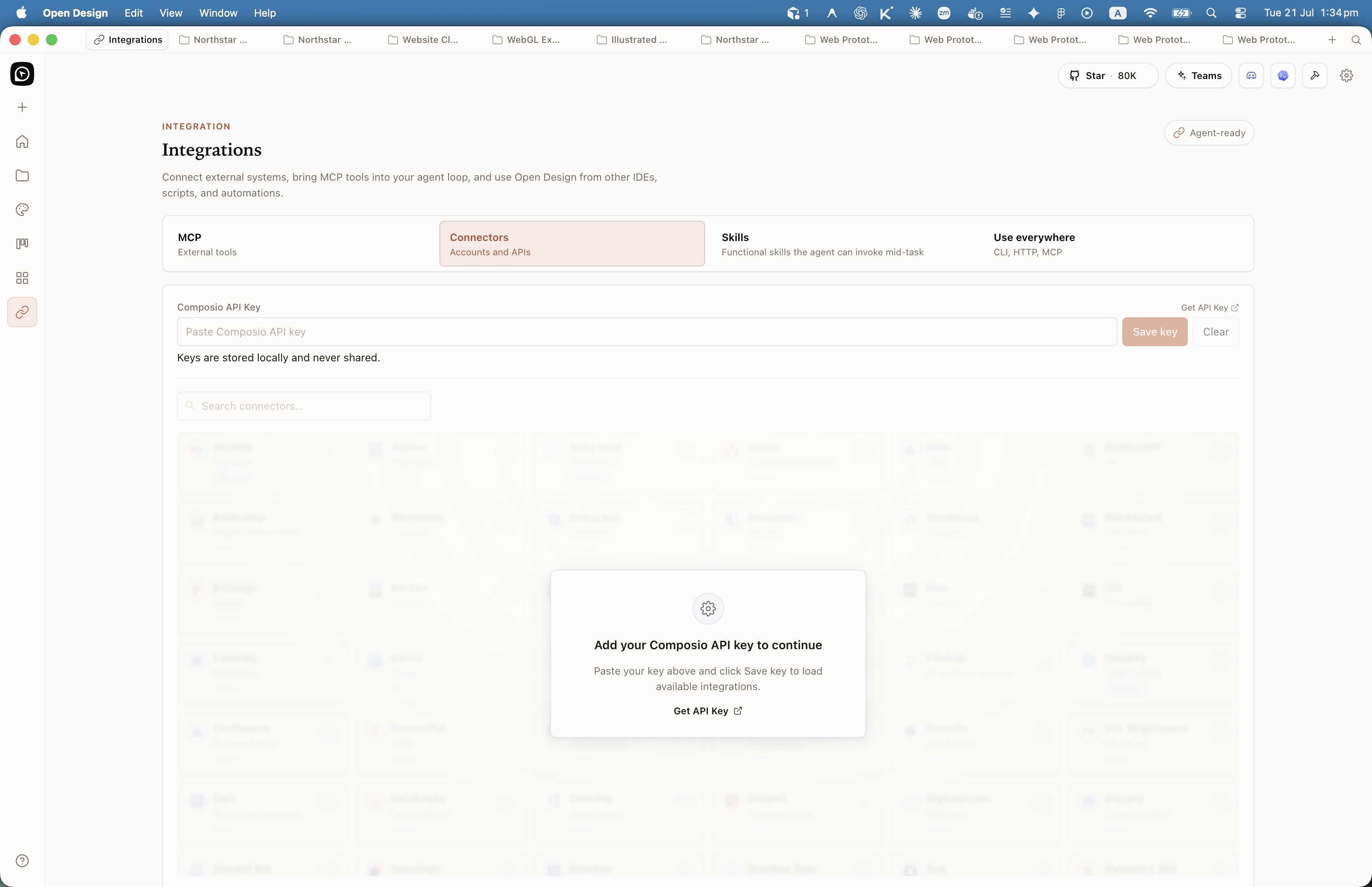 Open Design Integrations Connectors tab with Composio API key field and connector service grid